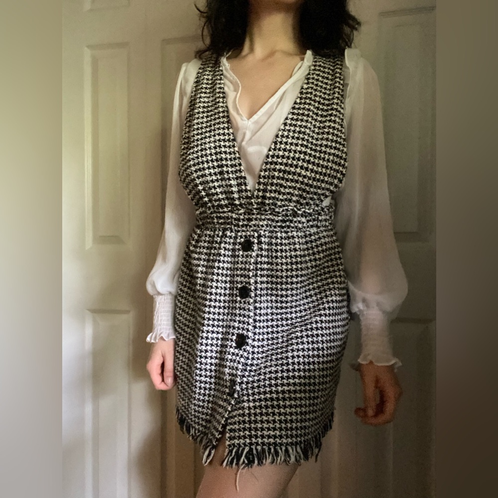 Zara tweed checkered raw hem pinafore dress